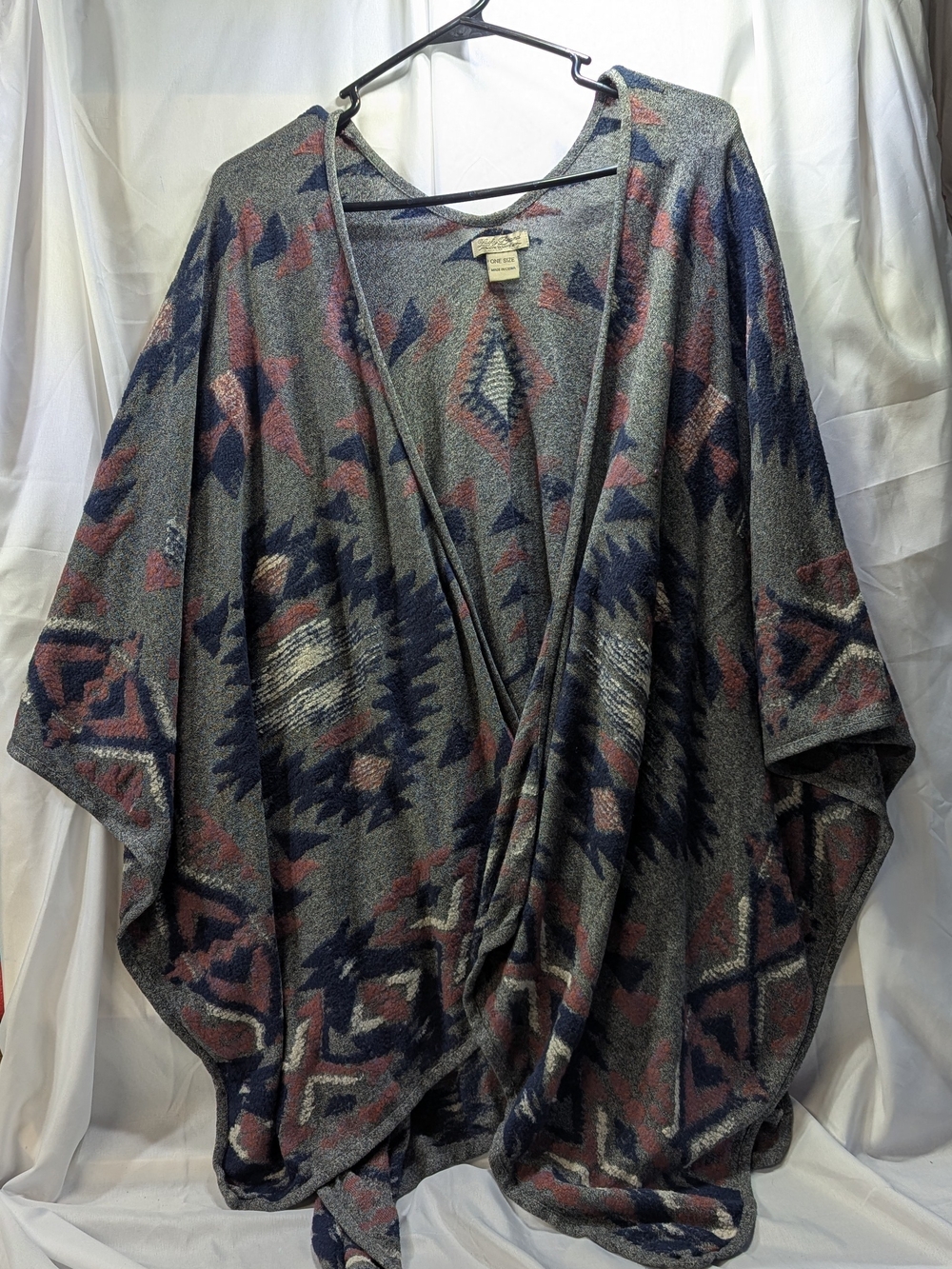 Lucky Brand Aztec Knit Poncho - Gray, Navy & Dusty Rose One Size